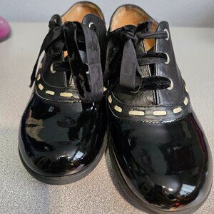 John Fluevog Enneagram Peacemaker, patent black leather with white stitching,  6